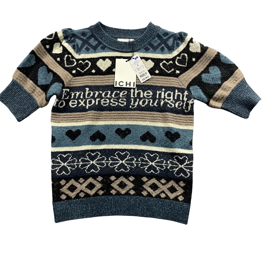 ICHI XS New w/Tags Short Sleeve Sweater IHEDEN Total‎ Eclipse Acrylic Blend